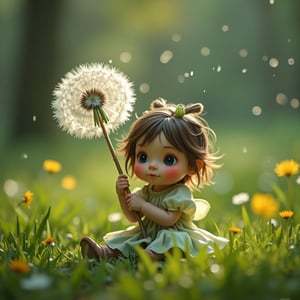 A hyperdetailed photorealistic 8k image of an incredibly tiny toddler girl fairy sitting in the grass during a light rain, holding up a large dandelion puff as an umbrella. Small droplets of water are gently hitting her upturned face, captured with high speed photography. The colors are ultra saturated. The image has a macro focus on her face and the puff.