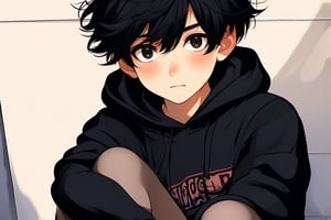 creates an image of an androgynous boy with tights, black hair on his shoulder, black sweatshirt, very cute