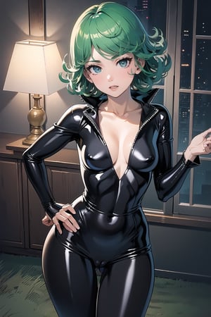 (masterpiece), extremely detailed, best quality, 1girl, Tatsumaki, Terrible_Tornado, (black latex bodysuit), looking_at_viewer , ahegao_face, short hair, bangs, green hair, green eyes, detailed eyes, collarbone, thighs, small breasts, parted lips, green hair, long sleeves, curly hair, flipped hair, TatsumakiOPM,tatsumakitornado, indoors, aesthetic, (dynamic pose, dynamic angle:1.3), (masterpiece, best quality, ultra-detailed, very aesthetic:1.5), illustration, disheveled hair, perfect composition, moist skin, intricate details, seducing_gaze, perfect pussy, tight pussy, legs_apart, revealing_clothes, viewed_from_behind, behind_position, hands_on_hips, from_behind