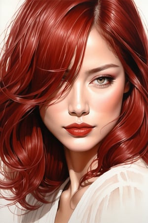 pencil Sketch of a beautiful  asian woman 30 years , Kristin Kreuk, elegant,  top model
long red  hair ,  bob cut hair, red hair, small eyes ,  alluring, portrait by Igor Kazarin, ink drawing, illustrative art, soft lighting, detailed, more Flowing rhythm, super elegant, low contrast, add soft blur with thin line, full  red lips, hazel eyes ,  little neus,   white blouse  .