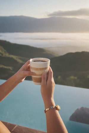 a female hand holding a coffe, on terrace, legs are crossed, focus on coffee, beautiful sunrise with fog in the mountains, insta story, pool in the background, sea in the background view from terrace, Tenerife, Canary islands,  boho, mid century design furniture, bokah