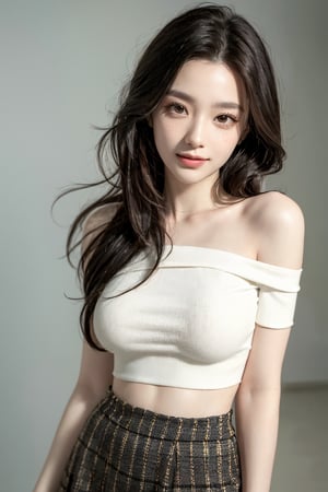Top Quality, Ultra High Resolution, (Realism: 1.4), (ULZZANG-6500: 0.4), Beauty, Korean Idol, 21 years old, Hair length, Light brown hair, Clean wavy hairstyle, Balanced boobs, Realistic eyes, Slender eyes, Beautiful eyes, Smiling, Off-the-shoulder silk top with a high-waisted short skirt, random spot, Standing at will, Leaning, Slender body line, 7 doppelgangers