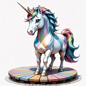 Unicorn portrait standing on wooden planks on round stone pavement, close shot (CS), standing, looking straight, | (white background: 1.2), simple background | Medieval, pastel mute color, digital art, 8K resolution, super-quality, watercolor, fashionable in art stations, complex details, very detailed, Greg Rutkowski