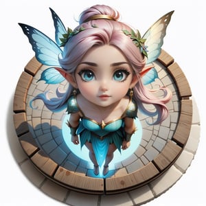 Female Fairy Portrait Standing on Wooden Plates on Round Stone Pavement, Close Shot (CS), Standing, Looking Straight | (White Background: 1.2), Simple Background | Medieval, Pastel Mute Color, Digital Art, 8K Resolution, Super Quality, Watercolor, Trendy at Art Station, Complex Details, Very Detailed, Greg Rutkowski