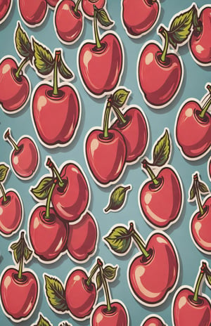 Cherry, detailed retro floating vector stickers, drop shadows, vibrant, posters, illustrations