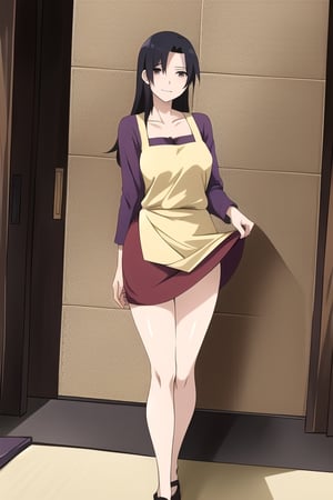 1girl, solo, long hair, black hair, sidelocks, black eyes, smile, (lora:Mikoto:1) (lora:animemix_v3_offset:0.7), collarbone, uchiha clan, full body, ((naked)), perfect body, beautiful body, beuatiful legs, milf,  ((expression of tenderness)), ((a very gentle and kind woman)), ((She wore a simple dark purple blouse with a red-plum skirt and a light-yellow apron)). うちはミコト,panty pull