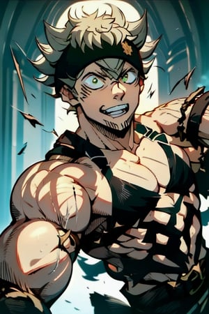 masterpiece, best quality, high quality, 1boy, solo, male focus, looking at viewer, upper body, asta, green eyes, headband, grey hair, spiked hair, with developed muscles, figthing,DonMRun3Bl4d3