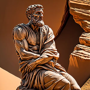 Stoic mascular bearded man statue in dark mood cinematic light
with ancient greek heavy pillers arounded and anarow leef, ((( michelangelo_ bounarroti art_style))), statue, desolation, hd, 16 k, ultra quality , Great Thinker Statue, in desert (mad max fury road style), half of statue is under red brown sands and half is out of sands, the statue somehow rotated toward sands looks like he is hoplessly thinking while heads down and thinking in relaxing disappointment, face looks tired but calm, detailed face, the sands and desert are looking infinite with copper rays of sunset,  ,scenery, 