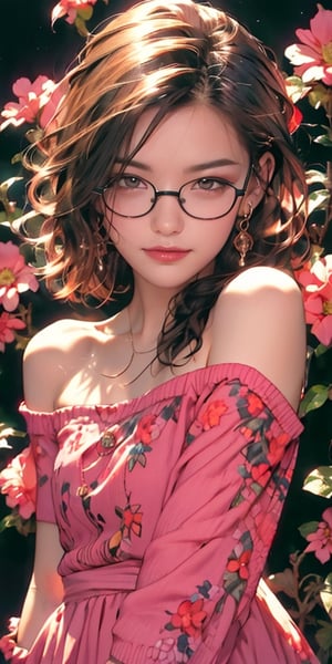 4k,best quality,masterpiece,20yo 1girl,(pink girly dress with floral illustrations, off shoulders with frills, bored face, lazy smile, thin rimmed eyeglasses 

(Beautiful and detailed eyes),
Detailed face, detailed eyes, double eyelids ,thin face, real hands, muscular fit body, semi visible abs, ((short hair with long locks:1.2)), black hair, black background, sunlit front 


real person, color splash style photo,
