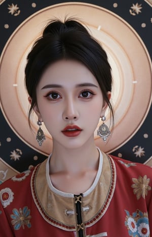 This is a highly detailed digital image in a bright fantasy style, intricate tetradic colors in every details, 3d render, Fisheye view, a viet girl, portrait, Taois, ornament, chinese clothes with metal, abstract color, cinematic, realistic skin, glowing atmosphere, cloud, aura circle, fantasy background, ancient background, immortals, cultivation, masterpiece, top quality, best quality, soft nature lights, ultra realistic, 8k resolution, realistic