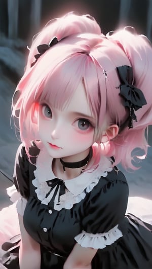 beautiful young girl, dressed in a Lolita fashion ensemble,
goth skull accessories,black choker,twin pigtails hair,pink Lace Shirt,large Breast,
 seamlessly blending the cute and feminine elements of Lolita with a more boyish charm,Emphasize the fusion of frills, bows, and a playful aesthetic with a tomboyish twist in her attire,goth person,GothEmoGirl,enakorin, hdgxl