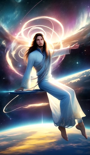 young man, solo, long hair,Evolutionary harmony,newage,tranquillity,sit on the grove,forest,outdoor,(insanely detailed, beautiful detailed face, masterpiece, best quality) cinematic lighting,Spiritual master,brown hair,  brown eyes, A white blue summer gown, Straight hair,trousers,Venusian,On the ship,Spiritual aura,High latitude,Highly evolved people,Interstellar human,Chakra cosmic energy,Fifth dimension,1man,planet,Pink love Energy,Aether,Higher self,elegant,The source of consciousness is inner Zen,modesty, Overhead beams reach the sky,halo  radiate outward,Crystal,Cosmic source energy link,Have a little beard,atmosphere,interplanetary,Rejuvenation,Tie up your clothes,Flowing energy,relaxation,Masterpiece