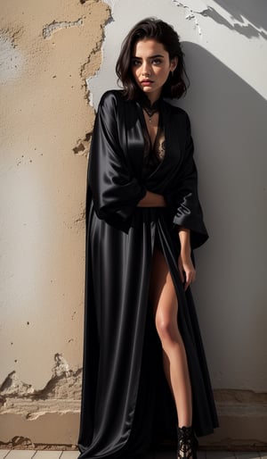 Gothic style, 1girl, (looking_at_viewer:1.3), (solo), (Leaning against a wall:1.3), black satin robe, black satin skirt, insanely detailed. instagram photo, kodak portrat, natural make up, urban environments, and seascapes. . Elegant, sophisticated, high-end, luxurious, professional, highly detailed perfect eyes Dark, mysterious, haunting, dramatic, ornate, detailed,more detail XL,see-through