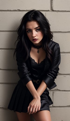 Gothic style, 1girl, (looking_at_viewer:1.3), (solo), (Leaning against a wall:1.3), sexy shirt, (black satin skirt), insanely detailed. instagram photo, kodak portrat, natural make up, urban environments, and seascapes. . Elegant, sophisticated, high-end, luxurious, professional, highly detailed perfect eyes Dark, mysterious, haunting, dramatic, ornate, detailed,more detail XL