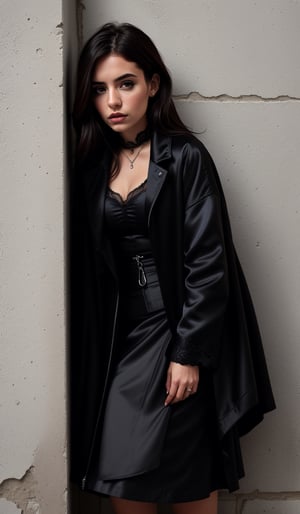Gothic style, 1girl, (looking_at_viewer:1.3), (solo), (Leaning against a wall:1.3), black satin coat, sexy shirt, (black satin skirt), insanely detailed. instagram photo, kodak portrat, natural make up, urban environments, and seascapes. . Elegant, sophisticated, high-end, luxurious, professional, highly detailed perfect eyes Dark, mysterious, haunting, dramatic, ornate, detailed,more detail XL