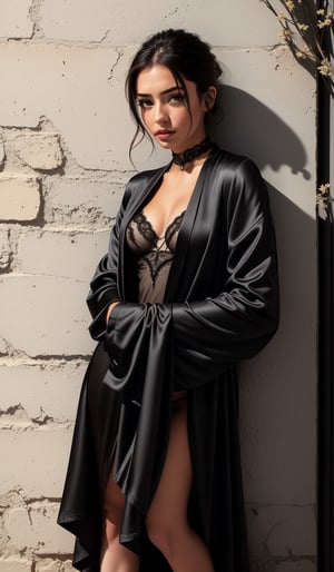 Gothic style, 1girl, (looking_at_viewer:1.3), (solo), (Leaning against a wall:1.3), black satin robe, black satin skirt, insanely detailed. instagram photo, kodak portrat, natural make up, urban environments, and seascapes. . Elegant, sophisticated, high-end, luxurious, professional, highly detailed perfect eyes Dark, mysterious, haunting, dramatic, ornate, detailed,more detail XL,see-through