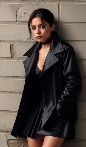 Gothic style, 1girl, (looking_at_viewer:1.3), (solo), (Leaning against a wall:1.3), black satin coat, sexy shirt, (black satin skirt), insanely detailed. instagram photo, kodak portrat, natural make up, urban environments, and seascapes. . Elegant, sophisticated, high-end, luxurious, professional, highly detailed perfect eyes Dark, mysterious, haunting, dramatic, ornate, detailed,more detail XL