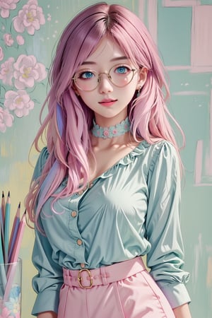 (1girl:1.2,), (masterpiece:1.4, best quality), huge breasts, unity 8k wallpaper, ultra detailed, (pastel colors:1.3), alluring pose, upper body, beautiful and aesthetic, office top white, pencil skirt pink, detailed, solo , glasses, facing camera 