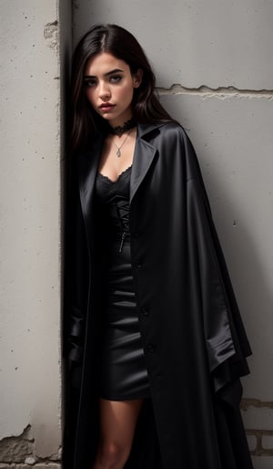 Gothic style, 1girl, (looking_at_viewer:1.3), (solo), (Leaning against a wall:1.3), black satin coat, black satin skirt, insanely detailed. instagram photo, kodak portrat, natural make up, urban environments, and seascapes. . Elegant, sophisticated, high-end, luxurious, professional, highly detailed perfect eyes Dark, mysterious, haunting, dramatic, ornate, detailed,more detail XL