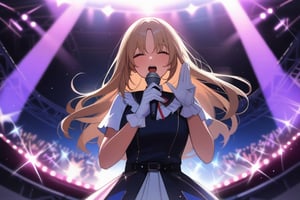 masterpiece, best quality, very aesthetic, absurdres, 1girl, ultra-detailed-hair, sister cleaire, nijisanji, 
num, live, song, microphone, holding microphone, white glove, idol, beauty face, lips, idol stage, arena, open mouth, singing, from below, front view, stage, live, spotlight, indoor, 
