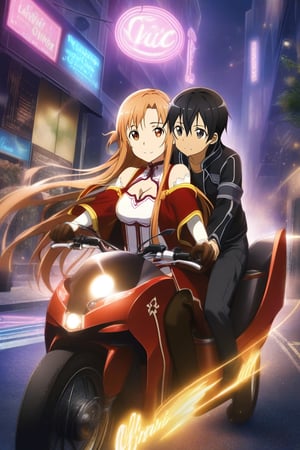 1girl and 1boy, 
, asuna \(sao\), kirito \(sao\), sword art online, couple, 1boy, 1girl, wind flow effect, wind flow, bokeh:1.2, (Hanging garden circuit landscape),   two-seater motorcycle, tandem motorcycle,spinning tires, girl hugging her boyfriend from behind, (riding on motorcycle:1.2), white shirt, asuna \(sao\) cleavage, kirito \(sao\) black jacket, leather glove, boots, masterpiece, best quality, extremely detailed, lens flare,  beautiful detailed face and eyes,
BREAK, street, neon lighted, neon light,  night:1.2