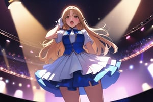 masterpiece, best quality, very aesthetic, absurdres, 1girl, ultra-detailed-hair, sister cleaire, nijisanji, 
num, hand in own hair, white glove, idol, beauty face, lips, idol stage, arena, open mouth, singing, from below, front view, stage, live, spotlight, indoor, 
