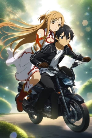 1girl and 1boy, 
, asuna \(sao\), kirito \(sao\), sword art online, couple, 1boy, 1girl, wind flow effect, wind flow, bokeh:1.2, (Hanging garden circuit landscape),   two-seater motorcycle, tandem motorcycle,spinning tires, girl hugging her boyfriend from behind, (riding on motorcycle:1.2), white shirt, asuna \(sao\) cleavage, kirito \(sao\) black jacket, leather glove, boots, masterpiece, best quality, extremely detailed, lens flare,  beautiful detailed face and eyes,
sun lighted, sun light,  wind