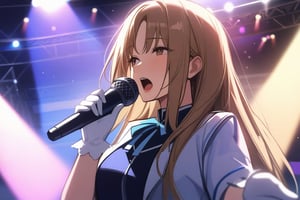 masterpiece, best quality, very aesthetic, absurdres, 1girl, ultra-detailed-hair, sister cleaire, nijisanji, 
num, live, song, microphone, holding microphone, white glove, idol, beauty face, lips, idol stage, arena, open mouth, singing, from below, front view, stage, live, spotlight, indoor, 
