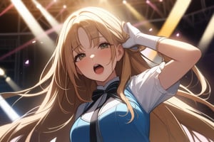 masterpiece, best quality, very aesthetic, absurdres, 1girl, ultra-detailed-hair, sister cleaire, nijisanji, 
num, hand in own hair, white glove, idol, beauty face, lips, idol stage, arena, open mouth, singing, from below, front view, stage, live, spotlight, indoor, 
