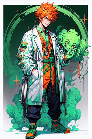 Maximalism, masterpiece, top quality, 8k, high resolution, super detailed, absurd, vivid contrast, insanely detailed,
BREAK
1boy, (Handsome face, green eyes, clear skin, shiny hair: 1.2), with lab coat , small white , short hair, orange hair, serius , full body, doctor

