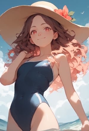 (((score_9, score_8_up, score_7_up, score_6_up))), (hyperrealistic anime girl), (small girl), (red_eyes), (very dilated pupils), (wavy_hair), (multicoloured hair), (wavy_mouth), little smile, (best pose), beach hat, pretty swimsuit, walfie (style)