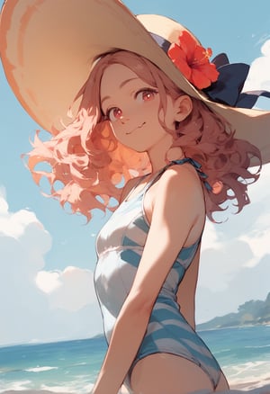 (((score_9, score_8_up, score_7_up, score_6_up))), (hyperrealistic anime girl), (small girl), (red_eyes), (very dilated pupils), (wavy_hair), (multicoloured hair), (wavy_mouth), little smile, (best pose), beach hat, swimsuit, walfie (style)