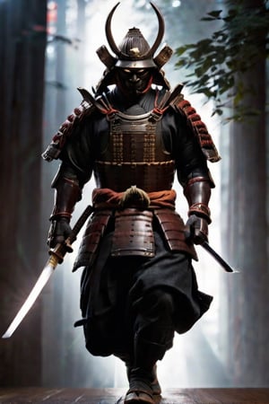 ((samurai with mask)), yoroi, kabuto, samurai in epic attack position masterpiece,best quality,cinematic lighting,soft Light,Epic Japanese jumping, ,athletic body,white skin,holding katana,(samurai helmet:1.1),full body,from front,perfect hands,from a distance,samura