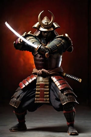 ((samurai with mask)), yoroi, kabuto, samurai in epic attack position masterpiece,best quality,cinematic lighting,soft Light,Epic Japanese jumping, ,athletic body,white skin,holding katana,(samurai helmet:1.1),full body,from front,perfect hands,from a distance,samura