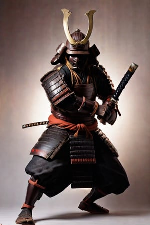 ((samurai with mask)), yoroi, kabuto, samurai in epic attack position masterpiece,best quality,cinematic lighting,soft Light,Epic Japanese jumping, ,athletic body,white skin,holding katana,(samurai helmet:1.1),full body,from front,perfect hands,from a distance,samura