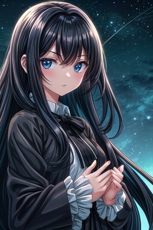 1 girl,out doors, night time black long hair,blue eyes,expressionless 