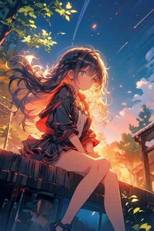 1girl,solo,black long hair,sitting on roof top,sad,wind blowing,hair flying, night time full of stars,firefliesfireflies,Magic Forest,score_9_up,pastelbg