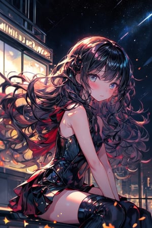 1girl,solo,black long hair,sitting on roof top,sad,wind blowing,hair flying, night time full of stars,firefliesfireflies,Magic Forest,score_9_up,pastelbg