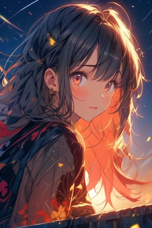 1girl,solo,black long hair,sitting on roof top,sad,wind blowing, night time full of stars,firefliesfireflies,Magic Forest,score_9_up,pastelbg