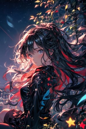 1girl,solo,black long hair,sitting on roof top,sad,wind blowing,hair flying, night time full of stars,firefliesfireflies,Magic Forest,score_9_up,pastelbg