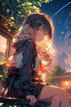 1girl,solo,black long hair,sitting on roof top,sad,wind blowing,hair flying, night time full of stars,firefliesfireflies,Magic Forest,score_9_up,pastelbg