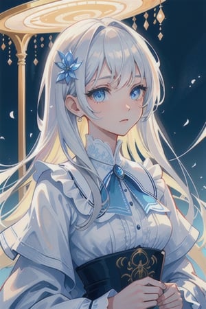((best quality)), ((masterpiece)), ((ultra-detailed)), extremely detailed CG, (illustration), ((detailed light)), (an extremely delicate and beautiful), a girl, solo, ((upper body,)), ((cute face)), expressionless, (beautiful detailed eyes), blue radient eyes, (Vertical pupil:1.2),on the edge of a mountain, captivating view,slightbackturn,mountainview,lights,glowing,white dress,royal embodiment 