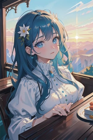 ((best quality)), ((masterpiece)), ((ultra-detailed)), extremely detailed CG, (illustration), ((detailed light)), (an extremely delicate and beautiful), a girl, solo, ((upper body,)), ((cute face)), expressionless, (beautiful detailed eyes), blue radient eyes, (Vertical pupil:1.2),on the edge of a mountain, captivating view,slightbackturn,mountainview,lights,glowing,white dress,royal embodiment 