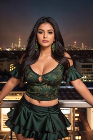 (ultrarealistic, ultradetailed)1.3, a woman, indian, beautiful, hourglass body, curvy, shapely, long wavy brunette with highlights hair, seductive smile, detailed brown eyes, detailed full lips, perfect nose, detailed face, (wearing a green top with short, ruffled sleeves and a deep V-neckline, paired with a black ruched skirt that has an asymmetrical hemline), ((posing against railing, roof top bar, city skyline view, nighttime, highly detailed background)), vivid colors, incandescent lighting, street lights, building light, moonlit, visible skin details, highly detailed skin, realistic skin texture, (photorealistic, 32K UHD resolution, high quality, masterpiece, best quality, maximum detailed)1.3