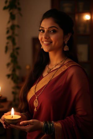 An mature Indian woman in her early 40s stands gracefully in her ancestral home, celebrating Deepavali. She wears a deep maroon saree with golden borders, the fabric elegantly draped around her. Her sleeveless blouse complements the saree, while gold jhumka earrings, a delicate necklace, and glass bangles add a touch of traditional charm. Being a mother, she has a beautifully hourglass curvy figure, with a defined narrow waist that accentuates her shape. Her arms have a bit of softness, adding to her natural and relatable appearance. Her subtle love handles add to her charm, creating a balanced and attractive silhouette. Overall, she embodies a healthy and confident look, celebrating her unique body.

In her hands, she holds a small brass oil lamp, its warm glow highlighting her face and casting soft shadows. Her dark hair is loosely tied, with strands falling gently over her shoulders. Her expression is filled with joy and excitement, her eyes sparkling in the light as she smiles softly, embodying the festive spirit. The mood is serene and intimate, with the gentle glow of the lamps enhancing her ethereal beauty, while she moves gracefully through the space. The focus remains on her, celebrating her elegance and connection to tradition.