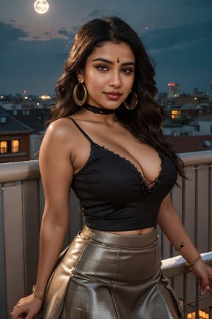 (ultrarealistic, ultradetailed)1.3, a woman, ((indian)), beautiful, hourglass body, curvy, shapely, long wavy brunette with highlights hair, seductive smile, detailed brown eyes, detailed full lips, perfect nose, detailed face, pottu, ((wearing a deep v neckline top, long tight skirt with slit, loop earrings)), ((posing against railing, rooftop bar, new d city skyline view, nighttime, night, highly detailed background)), vivid colors, incandescent lighting, street lights, building light, moonlit, visible skin details, highly detailed skin, realistic skin texture, (photorealistic, 32K UHD resolution, high quality, masterpiece, best quality, maximum detailed)1.3