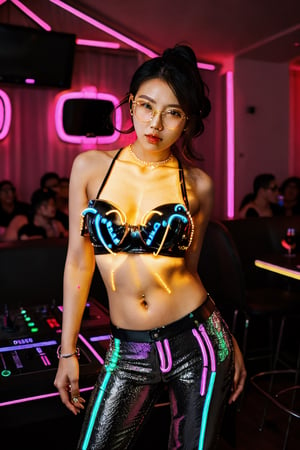 Asian woman, beautiful, ((round neon glasses)), young, hourglass, shapely, curvy, DJ, flower shirt, leather pants, high heels, AirPods, ((night club, disco, depth of field, neon lights, razor lights))
