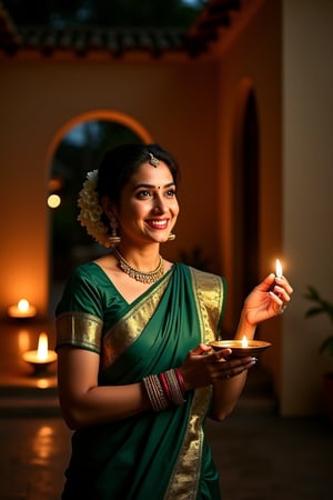 An Indian woman in her early 40s stands elegantly in the dimly lit courtyard of her ancestral home, ready to celebrate Deepavali. She wears a stunning silk saree in a deep, rich shade of emerald green, intricately embroidered with gold thread along the borders. The saree hugs her figure gracefully, while her blouse, sleeveless and form-fitting, adds a modern touch. Around her neck, a layered gold necklace glistens, paired with matching bangles that clink gently as she moves. Her hair is neatly tied back in a low bun, adorned with jasmine flowers, enhancing her timeless beauty.

The courtyard, adorned with oil lamps, flickers warmly in the night. In her hand, she holds a single brass diya, its flame casting a soft glow on her face. She stands with poised confidence, her body slightly angled towards the camera as she raises the lamp, the soft light accentuating the smooth contours of her face. Her expression is filled with excitement and reverence, a gentle smile playing on her lips and her eyes sparkling with joy.

Her skin glows in the warm light, and her makeup is minimal but radiant, highlighting her naturally youthful features. The camera captures her from a slightly low angle, with the play of light and shadows emphasizing her elegance. The atmosphere is intimate, the composition simple yet rich, focusing entirely on her—her beauty, her joy, and her connection to the festival. The use of natural, warm lighting creates an aura of serenity and celebration, transforming the moment into an artistic reflection of her grace and the significance of Deepavali.