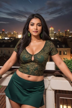 (ultrarealistic, ultradetailed)1.3, a woman, indian, beautiful, hourglass body, curvy, shapely, long wavy brunette with highlights hair, seductive smile, detailed brown eyes, detailed full lips, perfect nose, detailed face, (wearing a short sleeve deep v neckline green top, black skirt with slit), ((posing against railing, roof top bar, city skyline view, nighttime, highly detailed background)), vivid colors, incandescent lighting, street lights, building light, moonlit, visible skin details, highly detailed skin, realistic skin texture, (photorealistic, 32K UHD resolution, high quality, masterpiece, best quality, maximum detailed)1.3