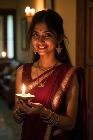 An Indian woman in her early 20s stands gracefully in her ancestral home, celebrating Deepavali. She wears a deep maroon saree with golden borders, the fabric elegantly draped around her. Her sleeveless blouse complements the saree, while gold jhumka earrings, a delicate necklace, and glass bangles add a touch of traditional charm. 

In her hands, she holds a small brass oil lamp, its warm glow highlighting her face and casting soft shadows. Her dark hair is loosely tied, with strands falling gently over her shoulders. Her expression is filled with joy and excitement, her eyes sparkling in the light as she smiles softly, embodying the festive spirit. The mood is serene and intimate, with the gentle glow of the lamps enhancing her youthful beauty, while she moves gracefully through the space. The focus remains on her, celebrating her elegance and connection to tradition.